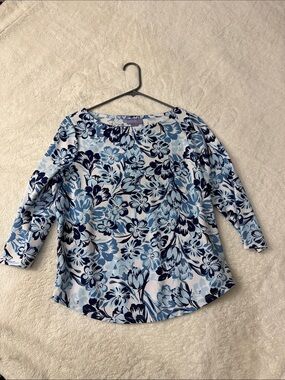 Laura Scott Blue Floral Boatneck Long Sleeve Top